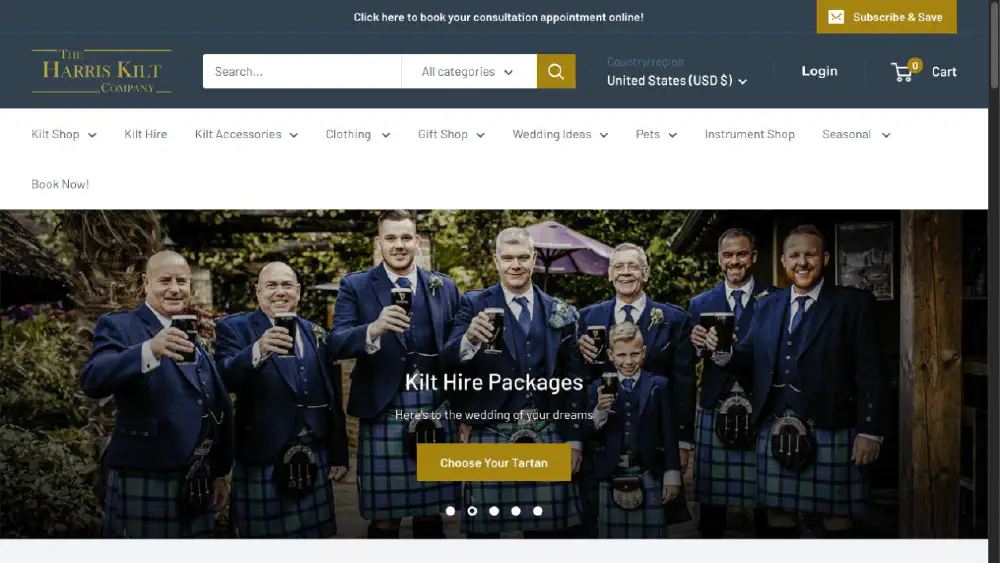 Screenshot of the Harris Kilts homepage showing its branding and kilt hire packages.