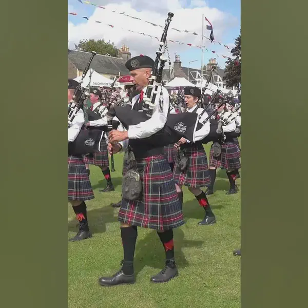 Doune Pipeband march off playing Cock O' The North during 2024 Crieff Highland ...