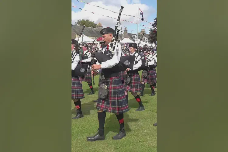 Doune Pipeband march off playing Cock O' The North during 2024 Crieff Highland ...