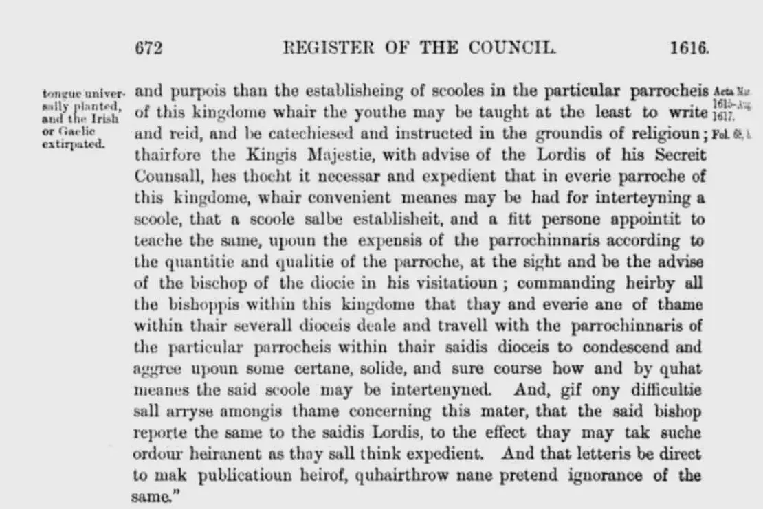 Scottish Privy Council Ordinance establishes parish schools and the abolition of Gaelic