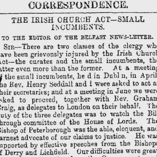 Gladstone's Irish Church Act which disestablishes the Church of Ireland takes effect