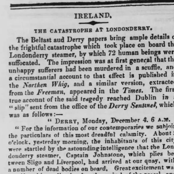 The paddle steamer The Londonderry, with immigrants fleeing the famine, takes shelter in Derry harbour