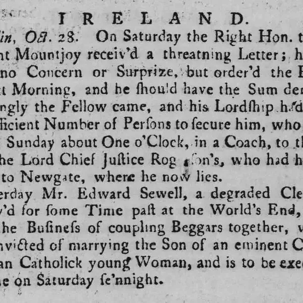 Rev. Edward Sewell, a couple-beggar, is hanged at Stephen's Green
